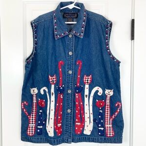 VTG Patchwork USA America Patriotic Cats Button Up Denim Blue Jean Vest Medium